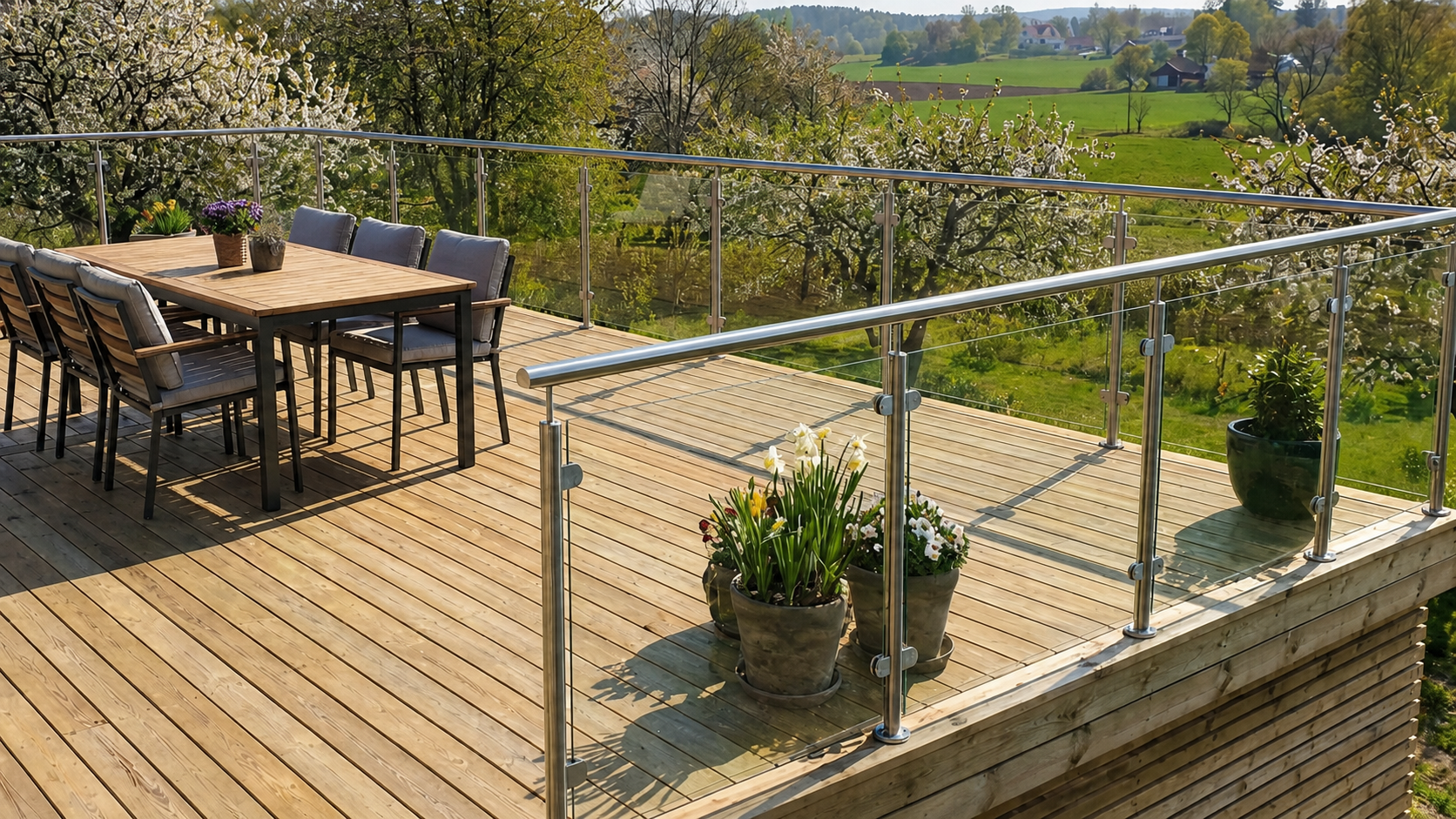 Toppmontert Fence-rekkverk med glass på treterrasse